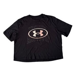Under Armour Women's XS Black Cropped T-Shirt Loose Fit Logo Tee Athletic Gym